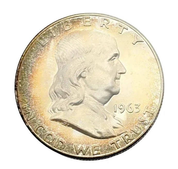 1963 Uncirculated Silver Franklin Half Dollar- Rainbow Toning! (1 of 3)