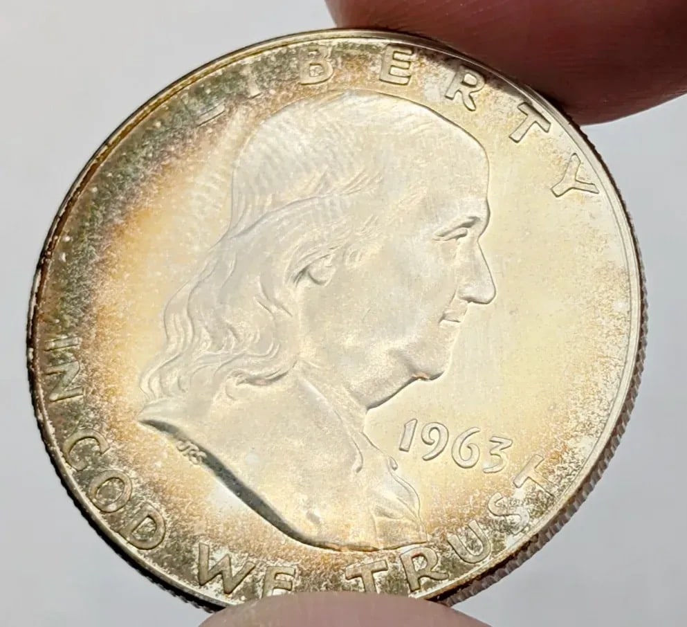 1963 Uncirculated Silver Franklin Half Dollar- Rainbow Toning! - 3