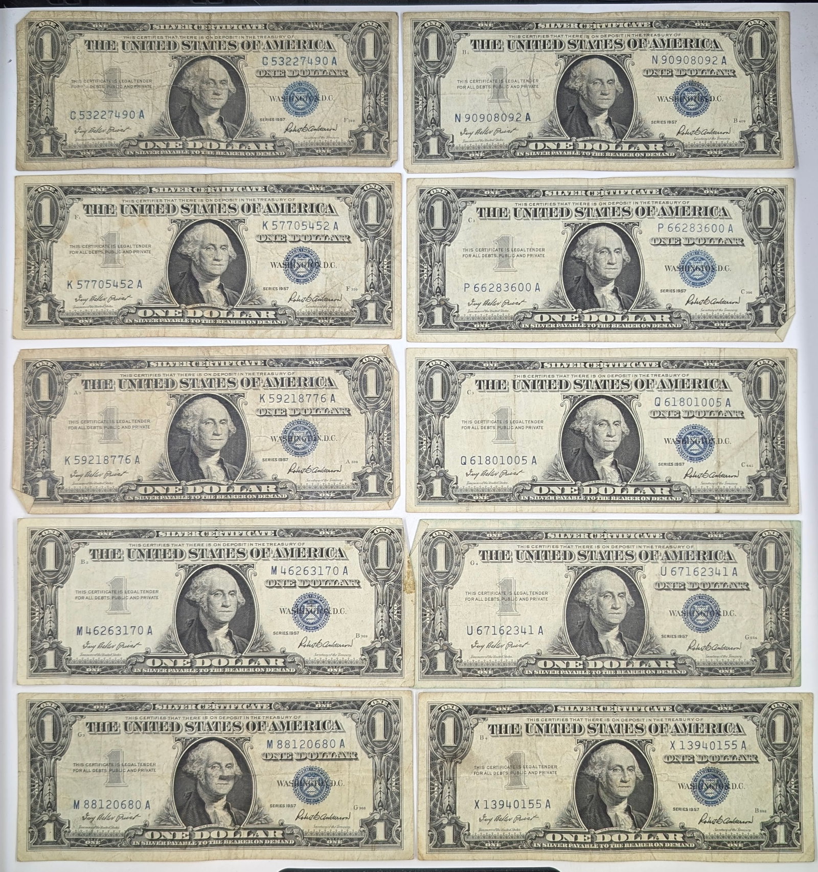 Lot of 10- 1957 Series $1 Notes - Silver Certificates (1 of 2)