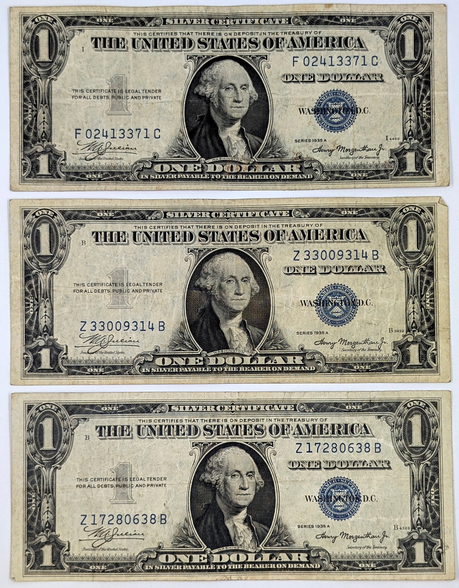 Lot of 3- 1935 A Series $1 Notes - Silver Certificates (1 of 2)