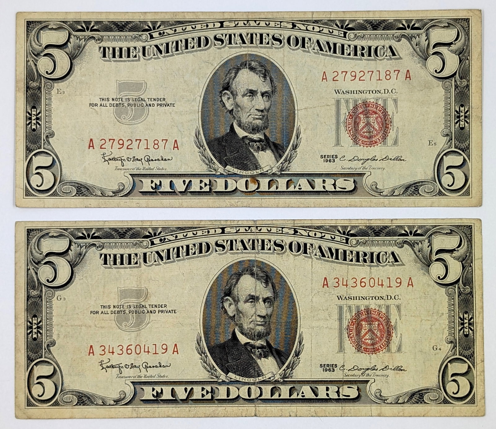 Lot of 2- 1963 Series $5 Notes - Red Seals: Circulated Condition
