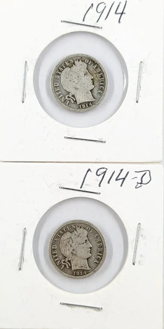 Lot of 2 Silver Barber Dimes - 1914 P/D: _