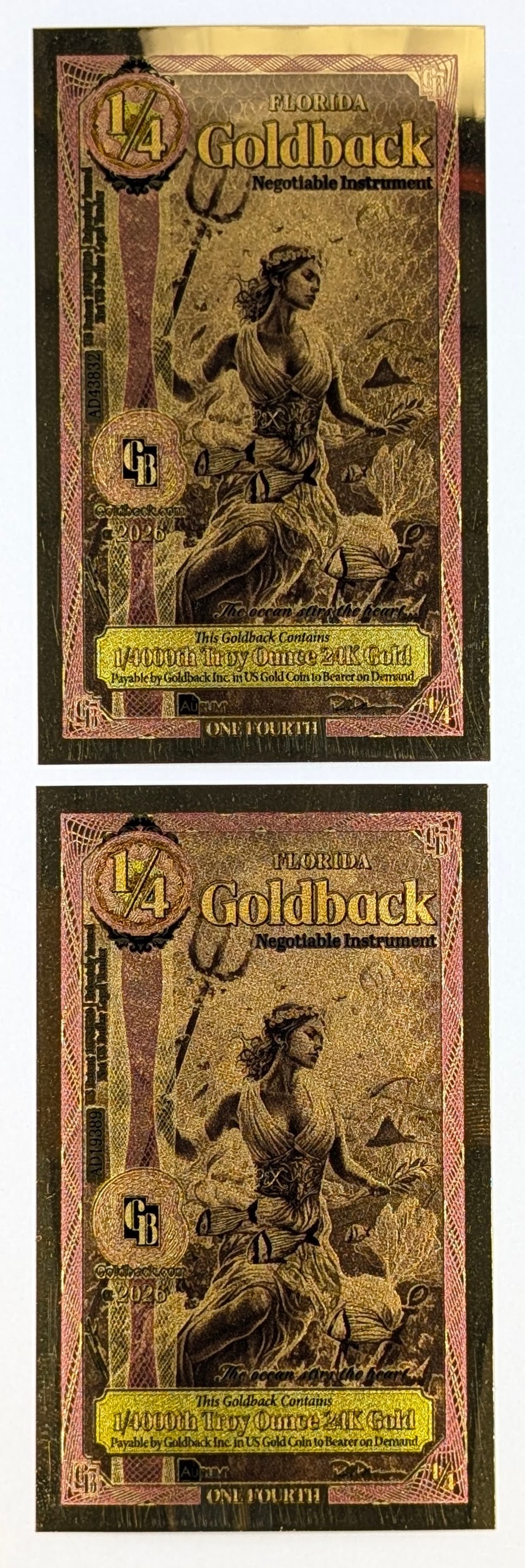 Lot of 2 - 2026 1/4 Florida Goldbacks 1/4000th Troy Ounce 24K Gold each: _