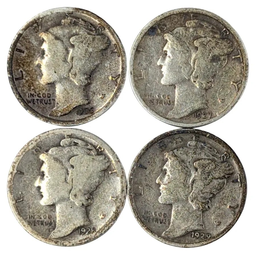 Lot of 4 Silver Mercury Dimes- 1926-1929: _