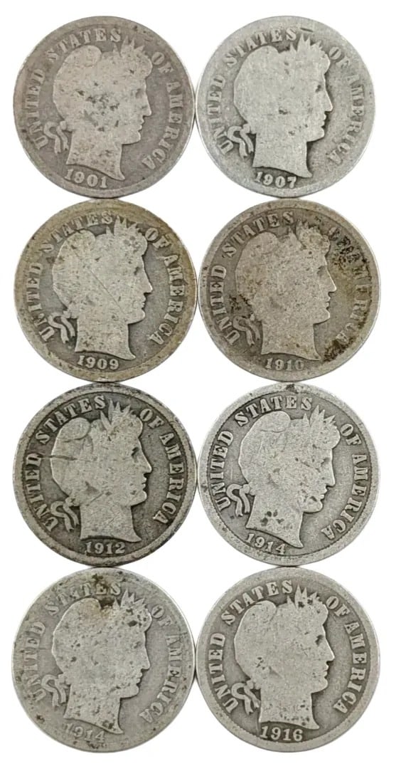 Lot of 8 Silver Barber Dimes- 1901-1916 (1 of 2)