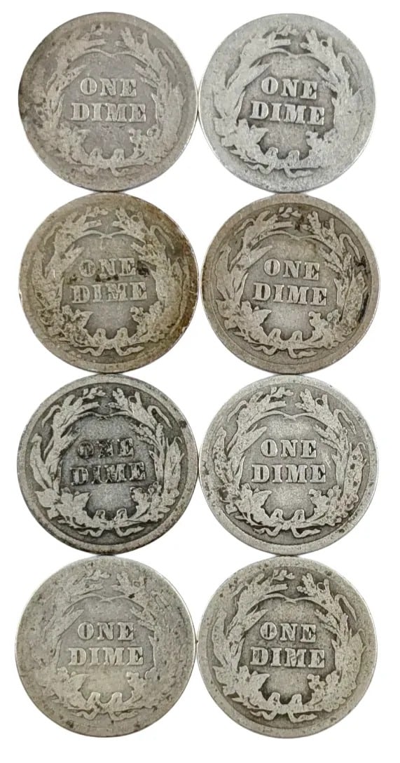 Lot of 8 Silver Barber Dimes- 1901-1916 - 2
