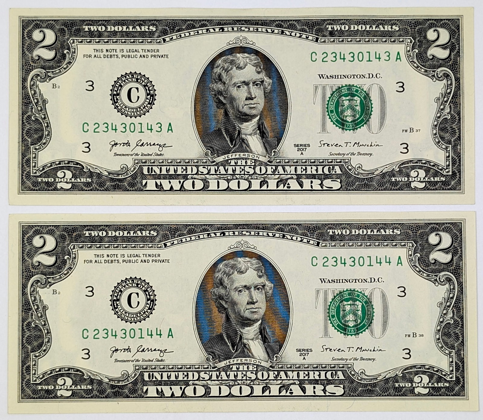 Lot of 2 - 2017 A Series Uncirculated Consecutive $2 Notes - Green Seals: Crisp/Uncirculated