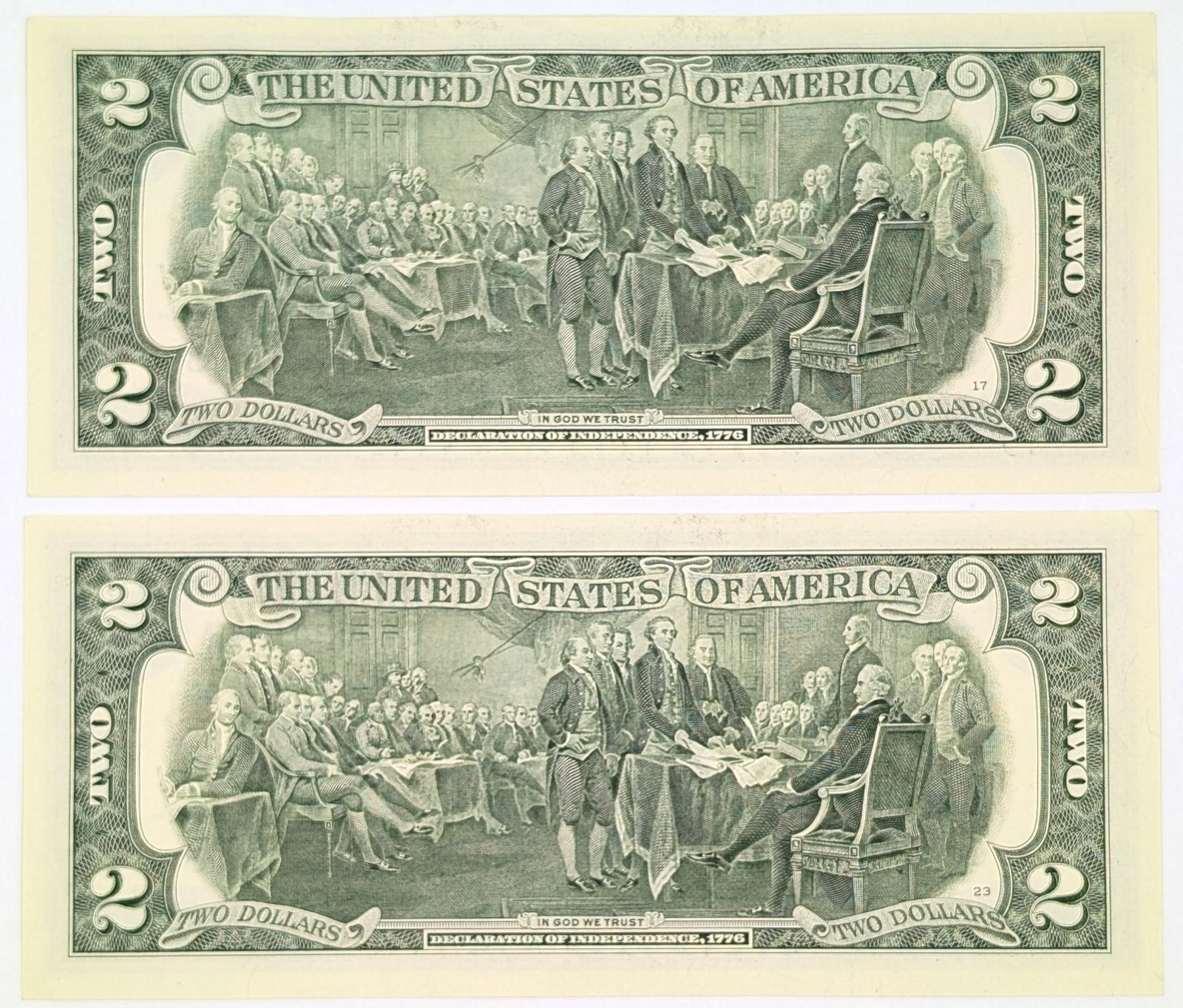 Lot of 2 - 2017 A Series Uncirculated Consecutive $2 Notes - Green Seals - 2