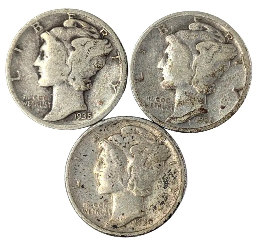 Lot of 3 Silver Mercury Dimes- 1935, 1936 P/D: _