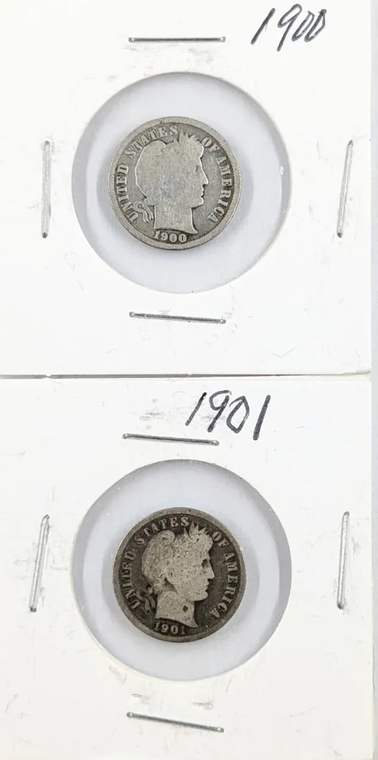 Lot of 2 Silver Barber Dimes - 1900, 1901: _