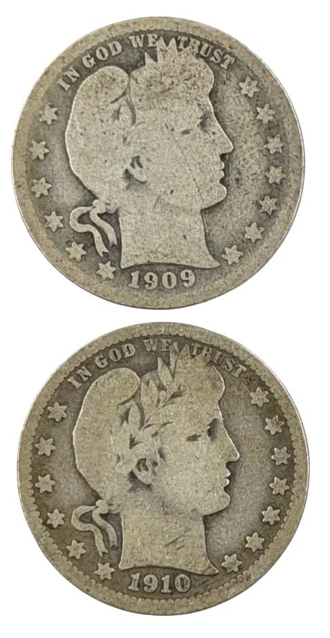 Lot of 2 Silver Barber Quarters- 1909, 1910: _