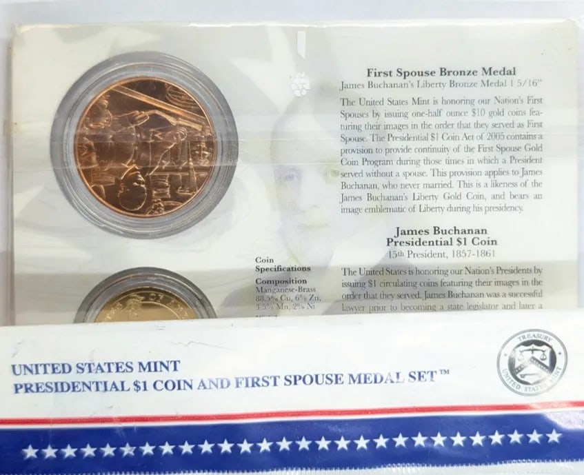 US Mint Presidential Dollar Coin & First Spouse Medal Set- Buchanan - 2