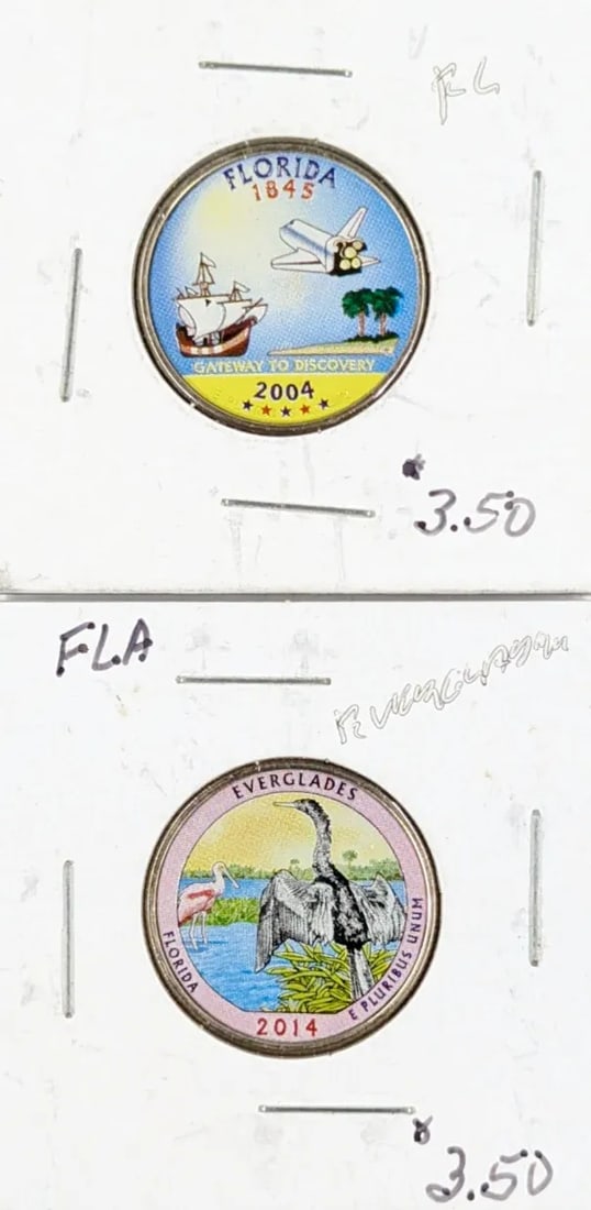 Lot of 2 Colorized FL State Washington Quarters- 2004, 2014: _