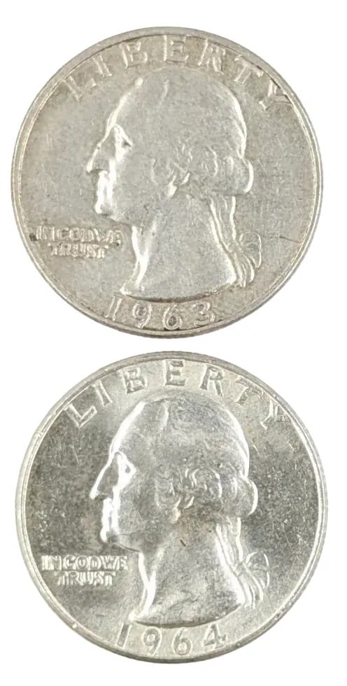 Lot of 2 Silver Washington Quarters- 1963, 1964: _