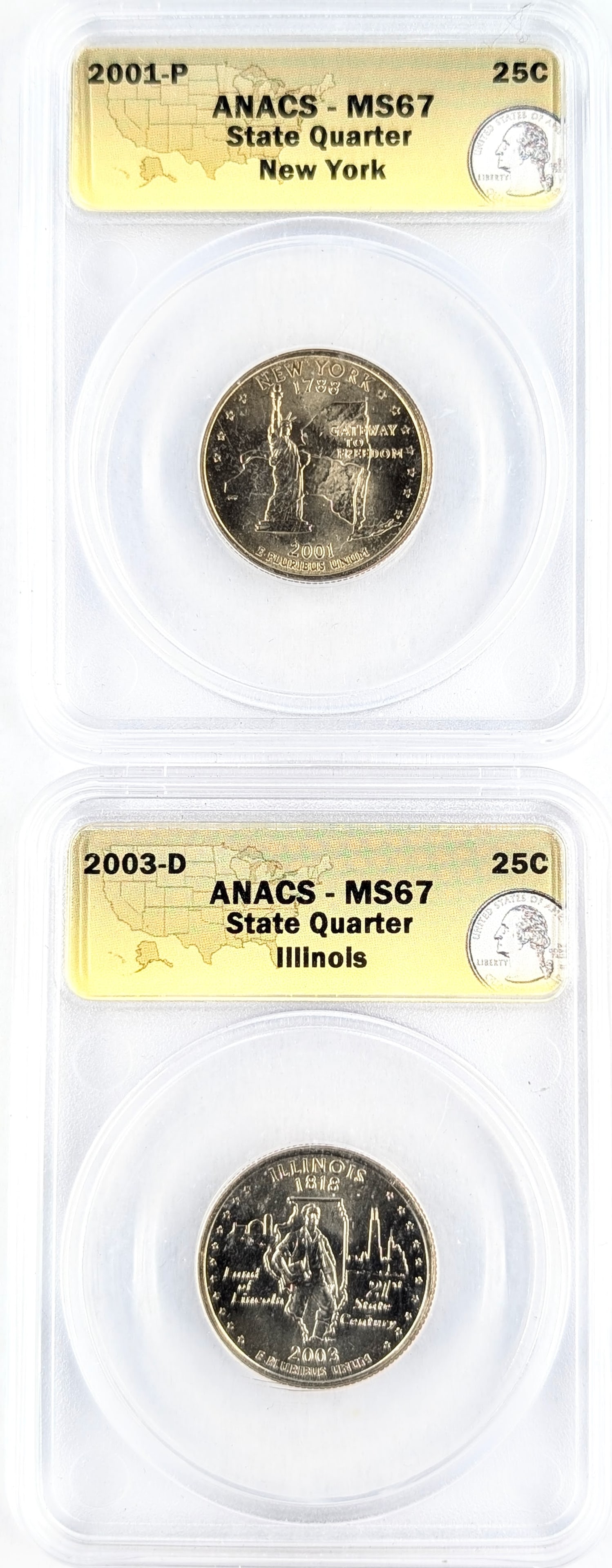Lot of 2 ANACS MS67 State Washington Quarters- 2001 NY, 2003-D IL: _