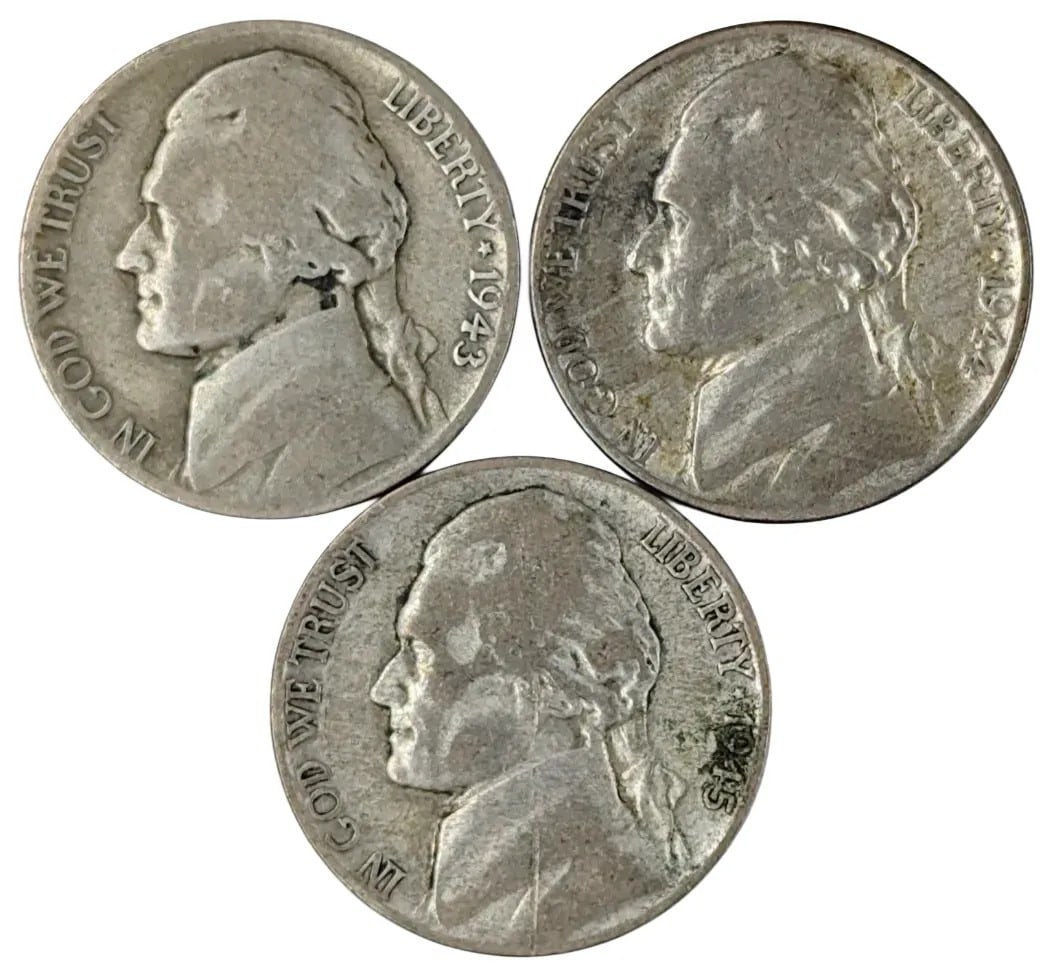 Lot of 3 Silver War Nickels- 1943, 2944, 1945: _
