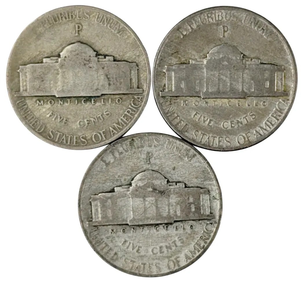 Lot of 3 Silver War Nickels- 1943, 2944, 1945 - 2
