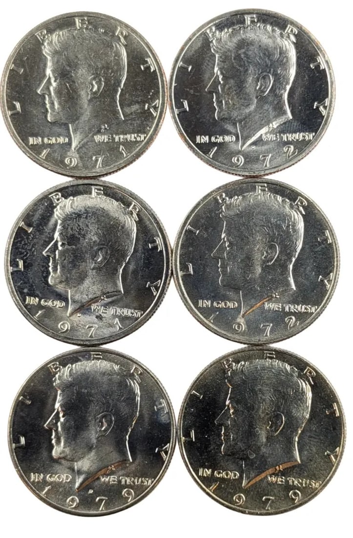 Lot of 6 Uncirculated John F. Kennedy Half Dollars- 1971-1979: _