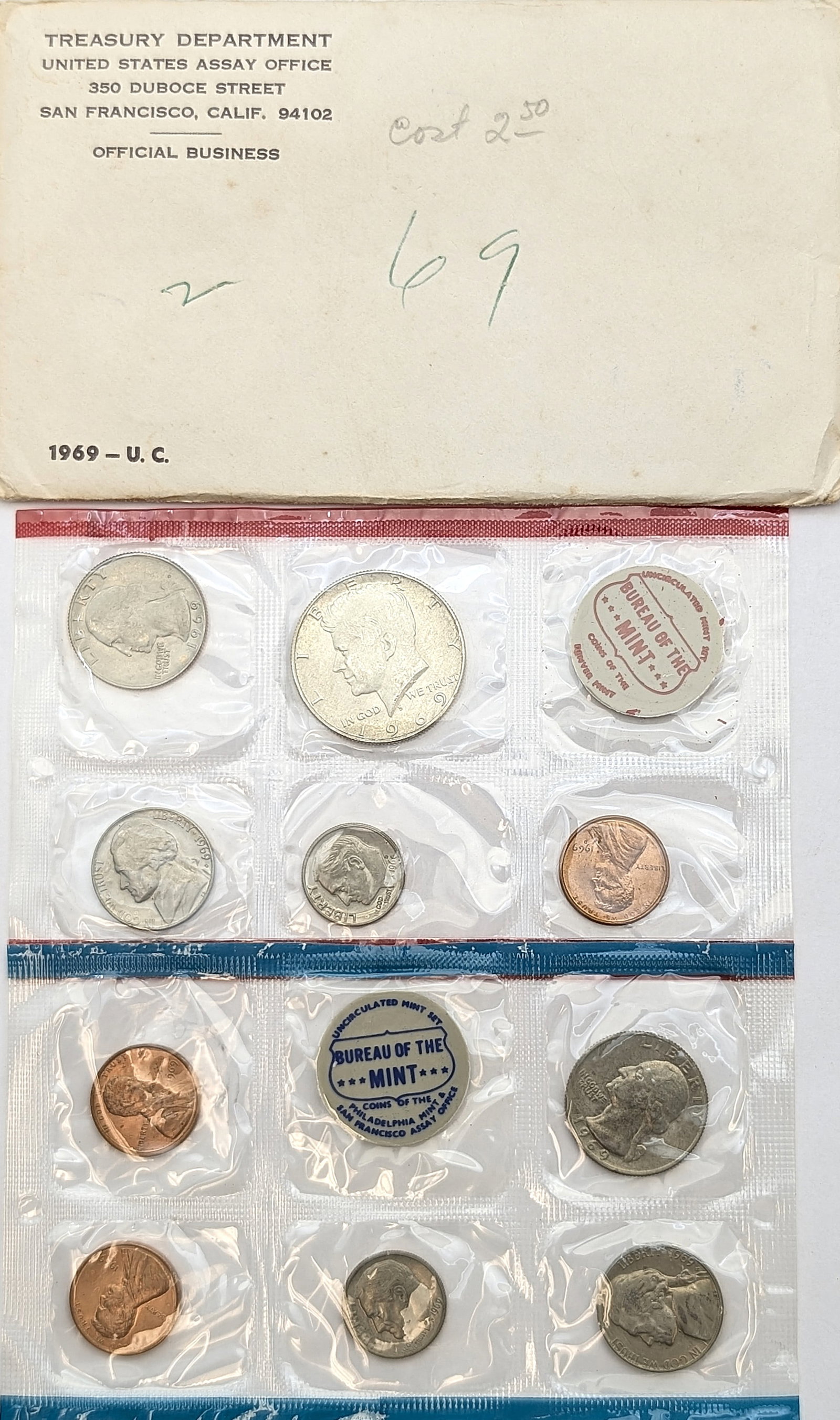 1969 US Uncirculated Coin Set w/ Silver JFK Half: _
