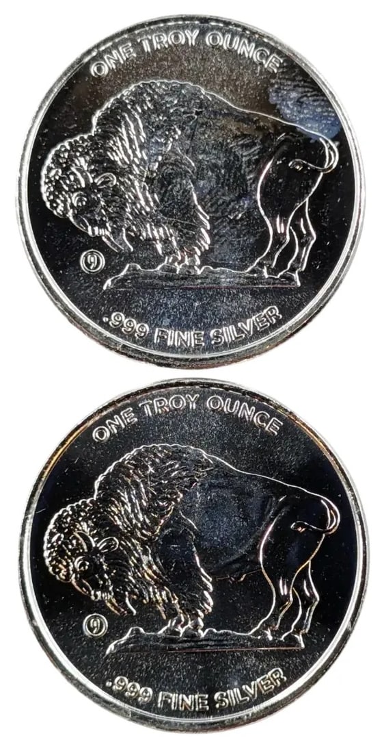 Lot of 2 - 1 Ounce (each) Fine .999 Silver Rounds - Buffalos - 2