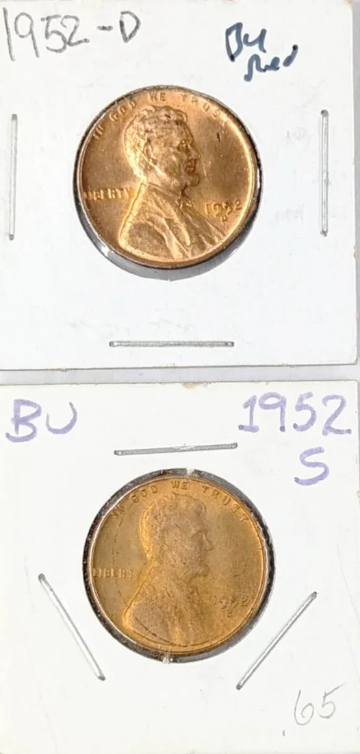 Lot of 2 Uncirculated Wheat Cents- 1952 D/S: _