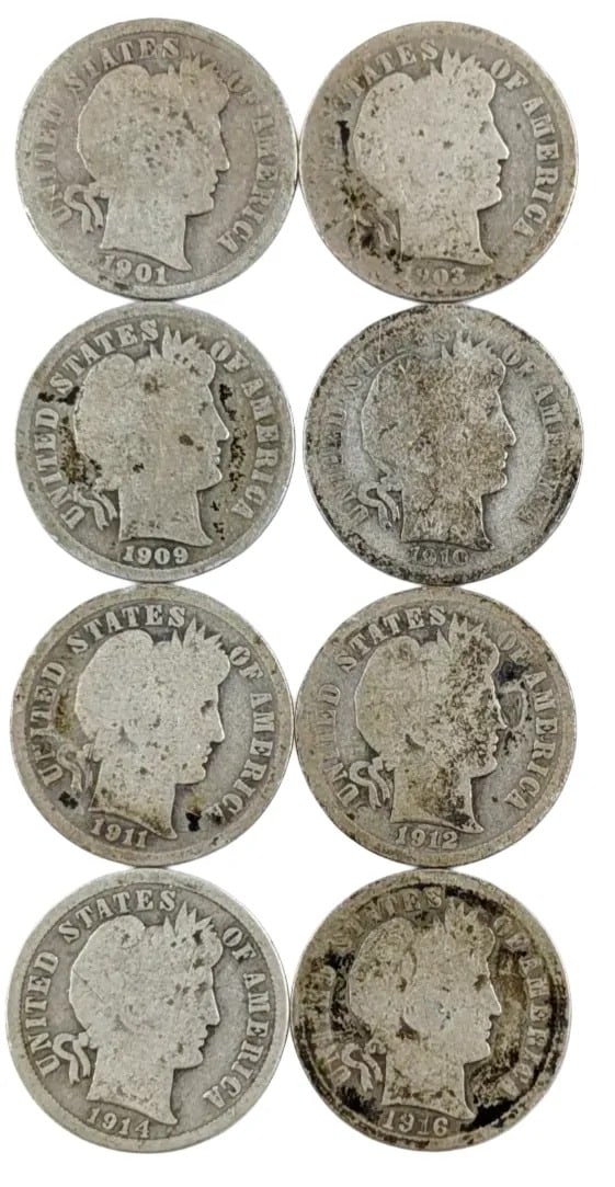 Lot of 8 Silver Barber Dimes - 1901-1916: _