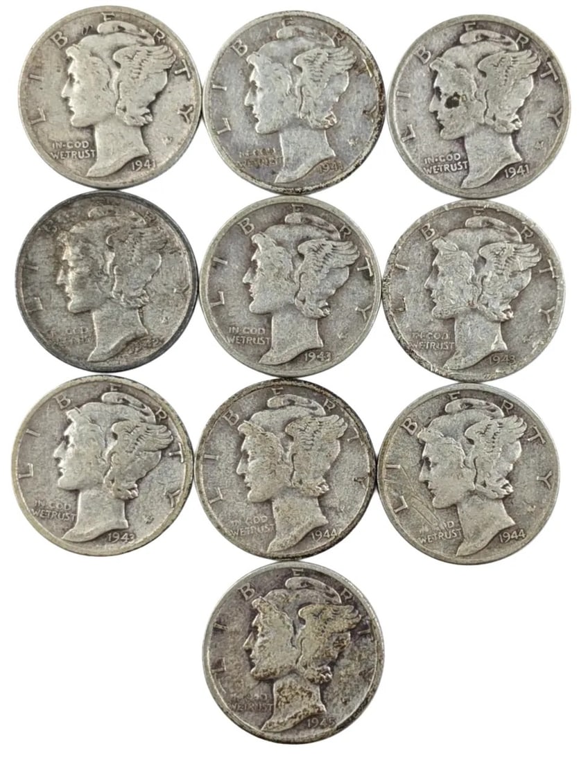 Lot of 10 Silver Mercury Dimes - 1941-1945: _