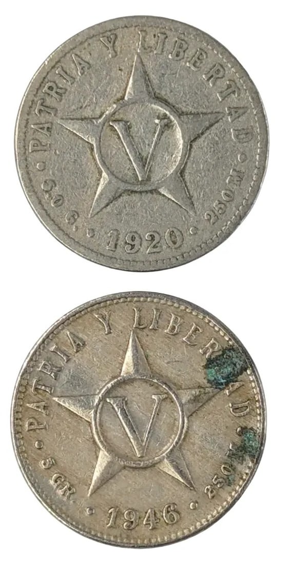 Lot of 2 Cuban 5 Centavos- 1920, 1946: _