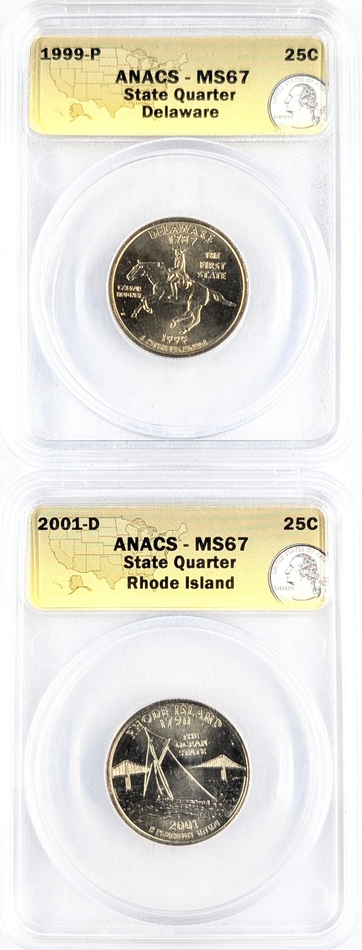 Lot of 2 ANACS MS67 State Washington Quarters- 1999 DE, 2001-D RI: _