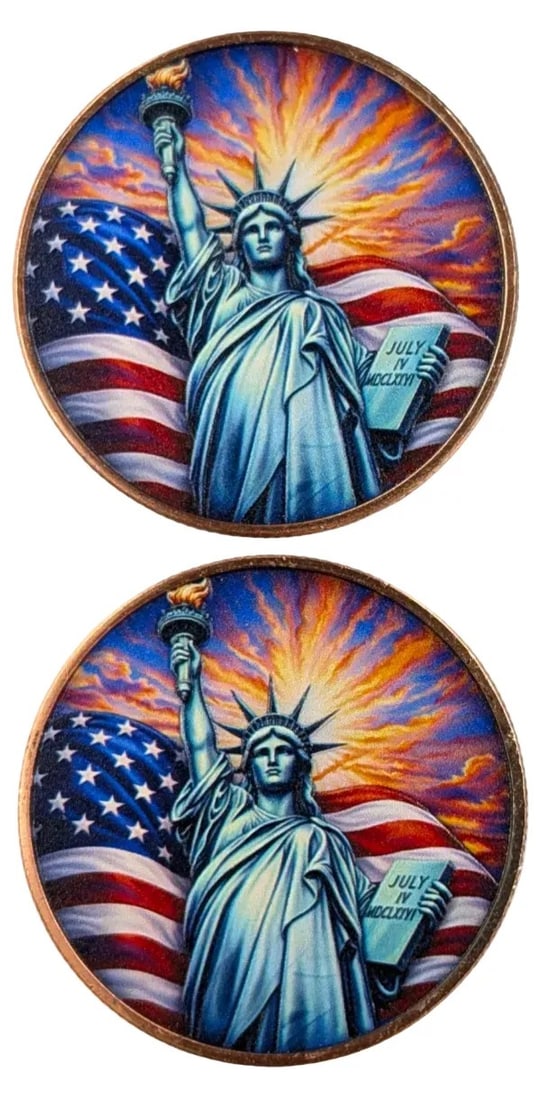 Lot of 2 - 1 Ounce (each) Fine .999 Copper Rounds -Colorized Statue of Liberty: _