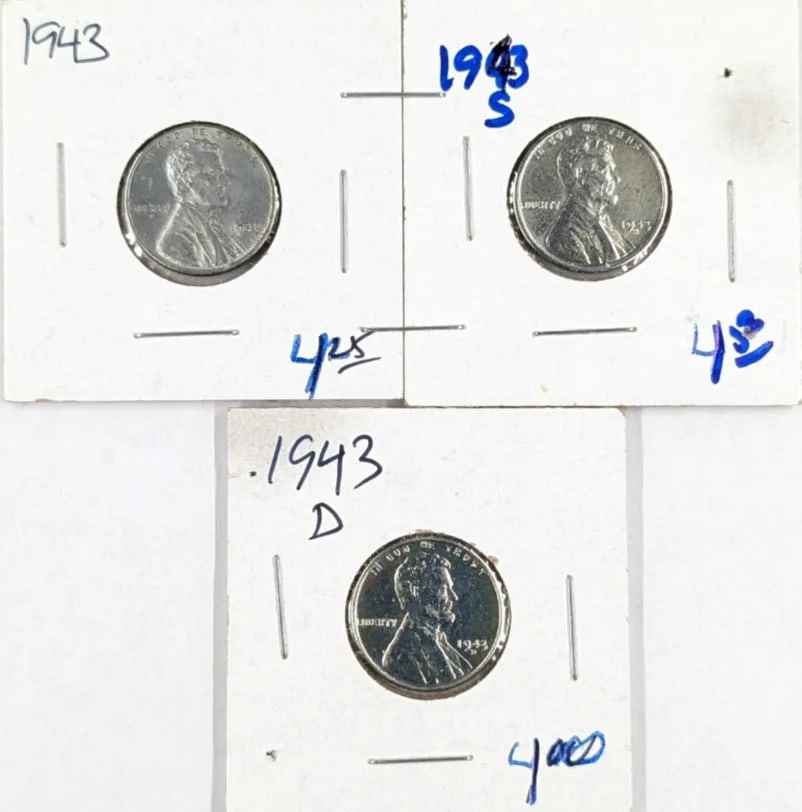 Lot of 3 - 1943 P/S/D Uncirculated Steel Lincoln Cents: _