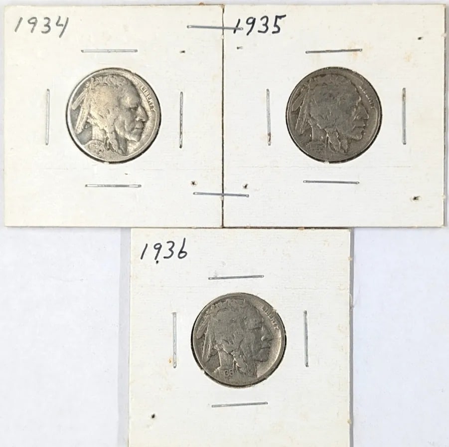Lot of 3 Buffalo Head Nickels- 1934, 1935, 1936: _