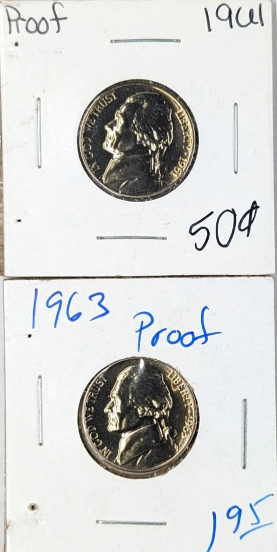 Lot of 2 Proof Jefferson Nickels- 1961, 1963: _