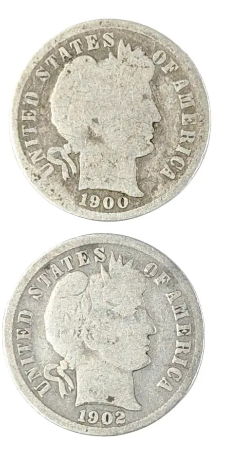 Lot of 2 Silver Barber Dimes - 1900, 1902: _