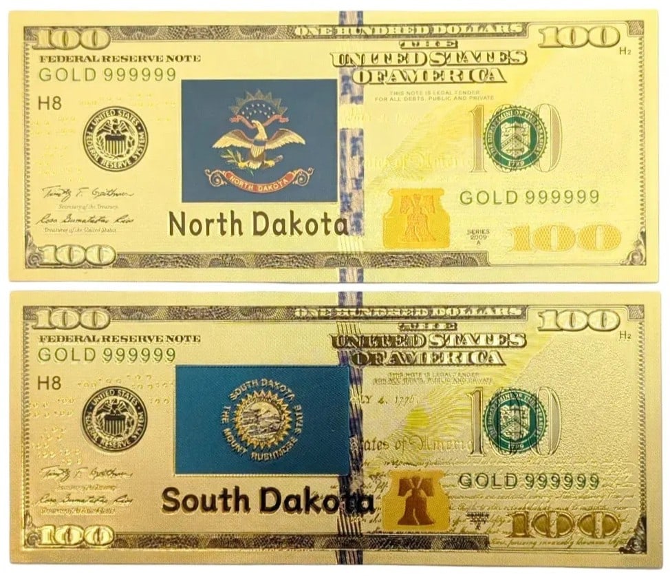 Lot of 2 Gold Foils- North & South Dakota Flags: _