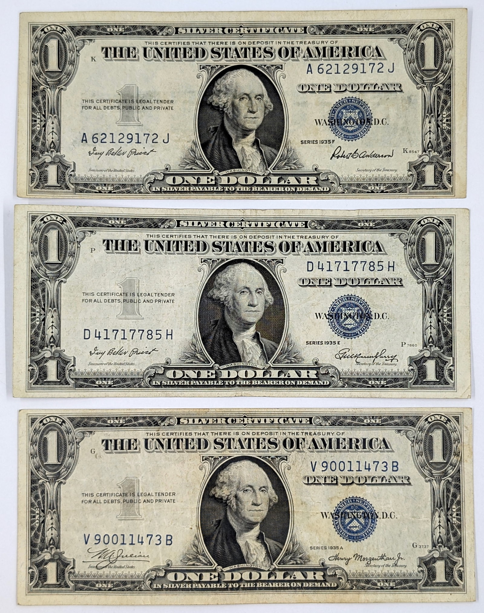 Lot of 3-1935 A/E/F Series $1 Notes - Silver Certificates: Circulated Condition
