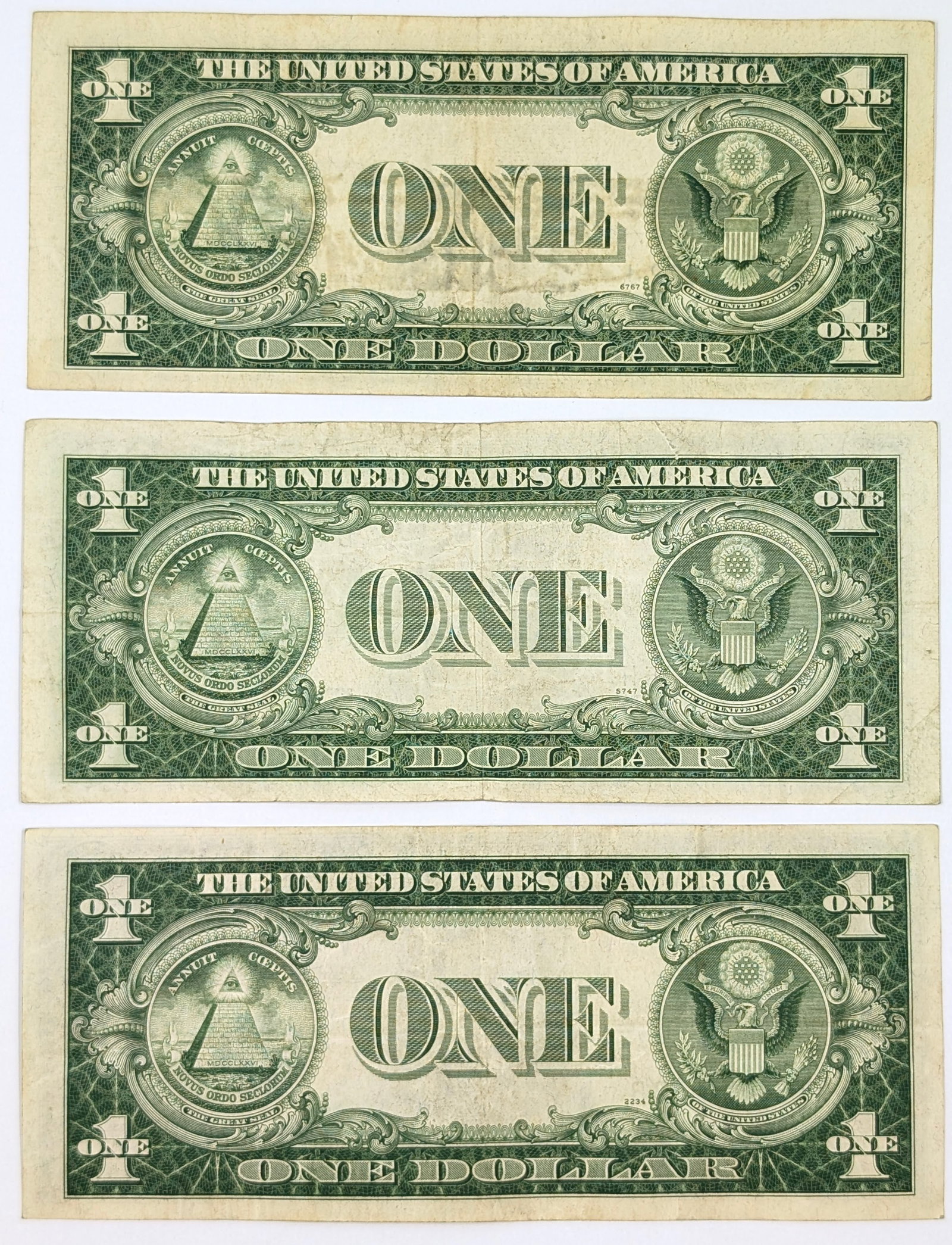 Lot of 3-1935 A/E/F Series $1 Notes - Silver Certificates - 2