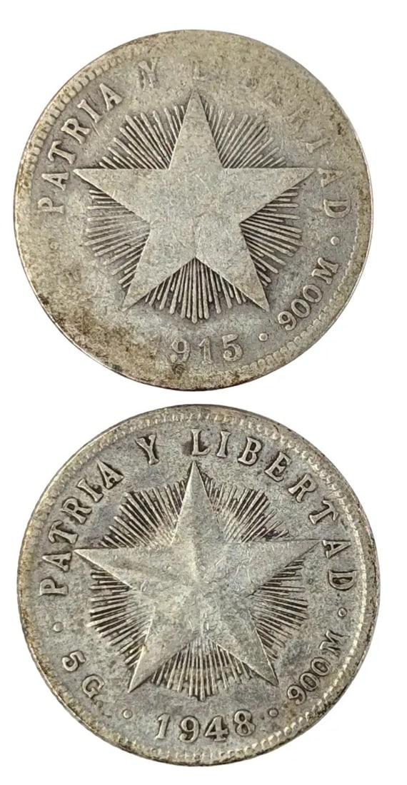 Lot of 2 Silver Cuban Centavos- 1915, 1948: 90% Silver