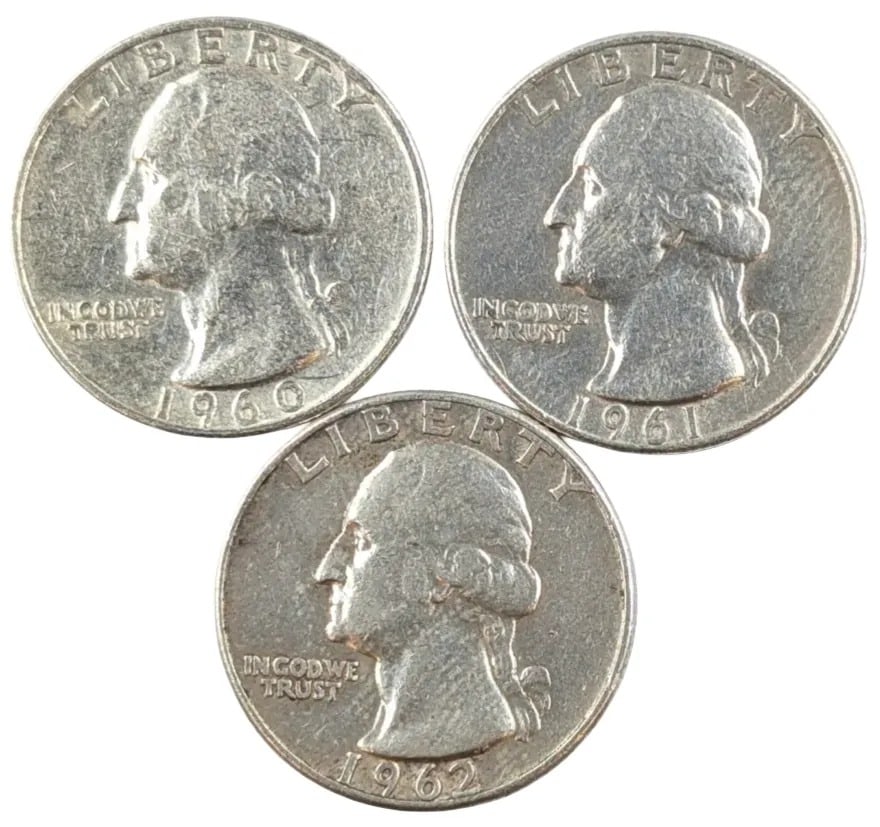 Lot of 3 Silver Washington Quarters - 1960-D, 1961-D, 1962: _