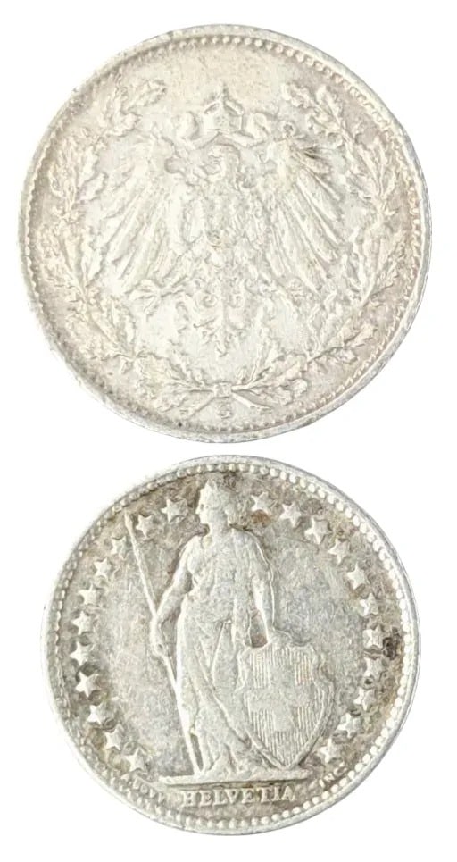 Lot of 2 Silver Foreign Coins- 1913 German 1/2 Mark, 1909 Swiss 1/2 Franc (1 of 2)