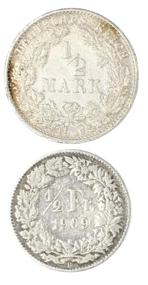 Lot of 2 Silver Foreign Coins- 1913 German 1/2 Mark, 1909 Swiss 1/2 Franc - 2