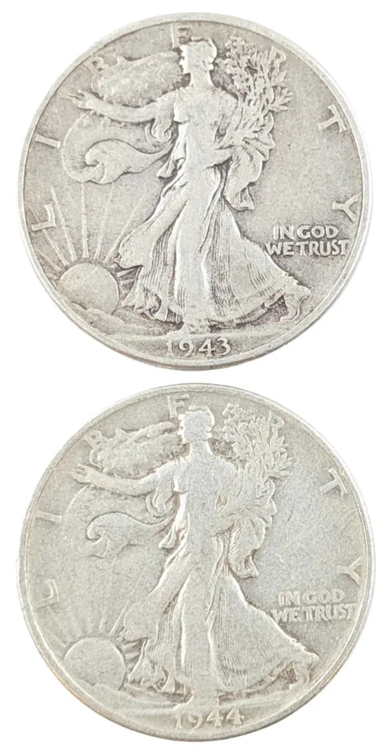 Lot of 2 Silver Walking Liberty Half Dollars- 1943, 1944: _