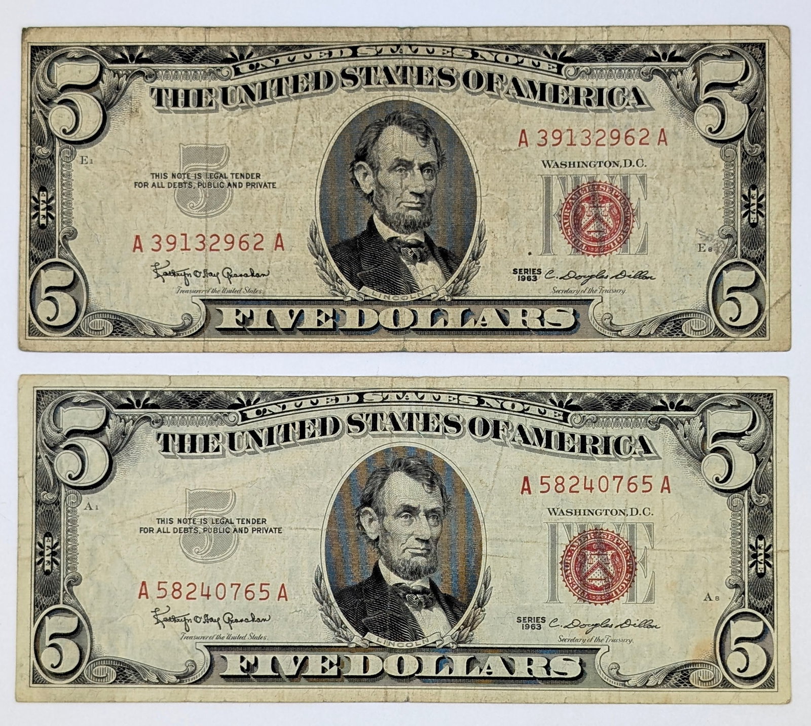Lot of 2- 1963 Series $5 Notes - Red Seals: _