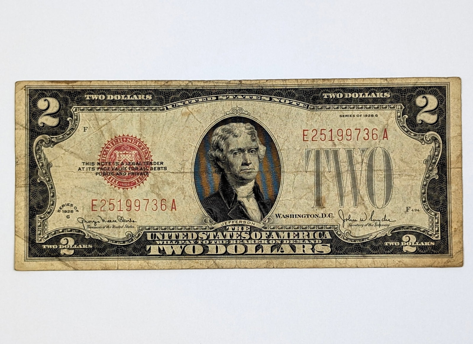 1928-G Series $2 Note - Red Seal: Heavily Circulated
