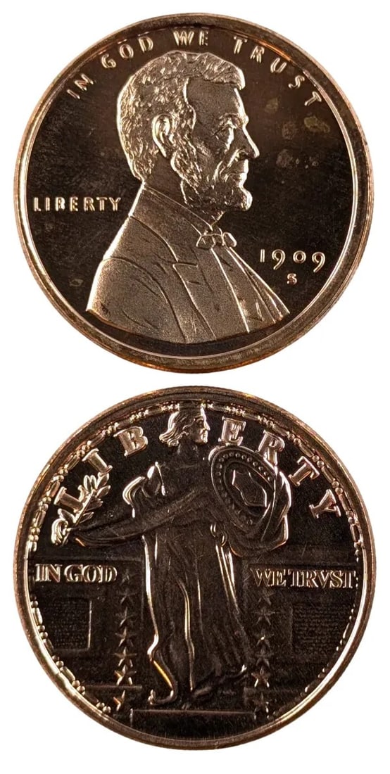 Lot of 2 - 1 Ounce (each) Fine .999 Copper Rounds - Lincoln, Standing Liberty: _