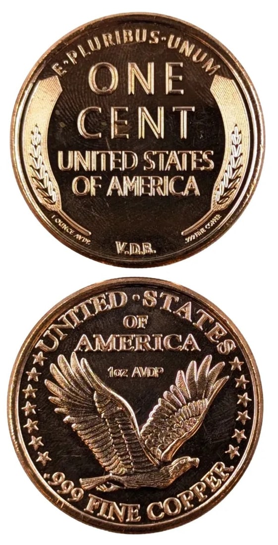 Lot of 2 - 1 Ounce (each) Fine .999 Copper Rounds - Lincoln, Standing Liberty - 2