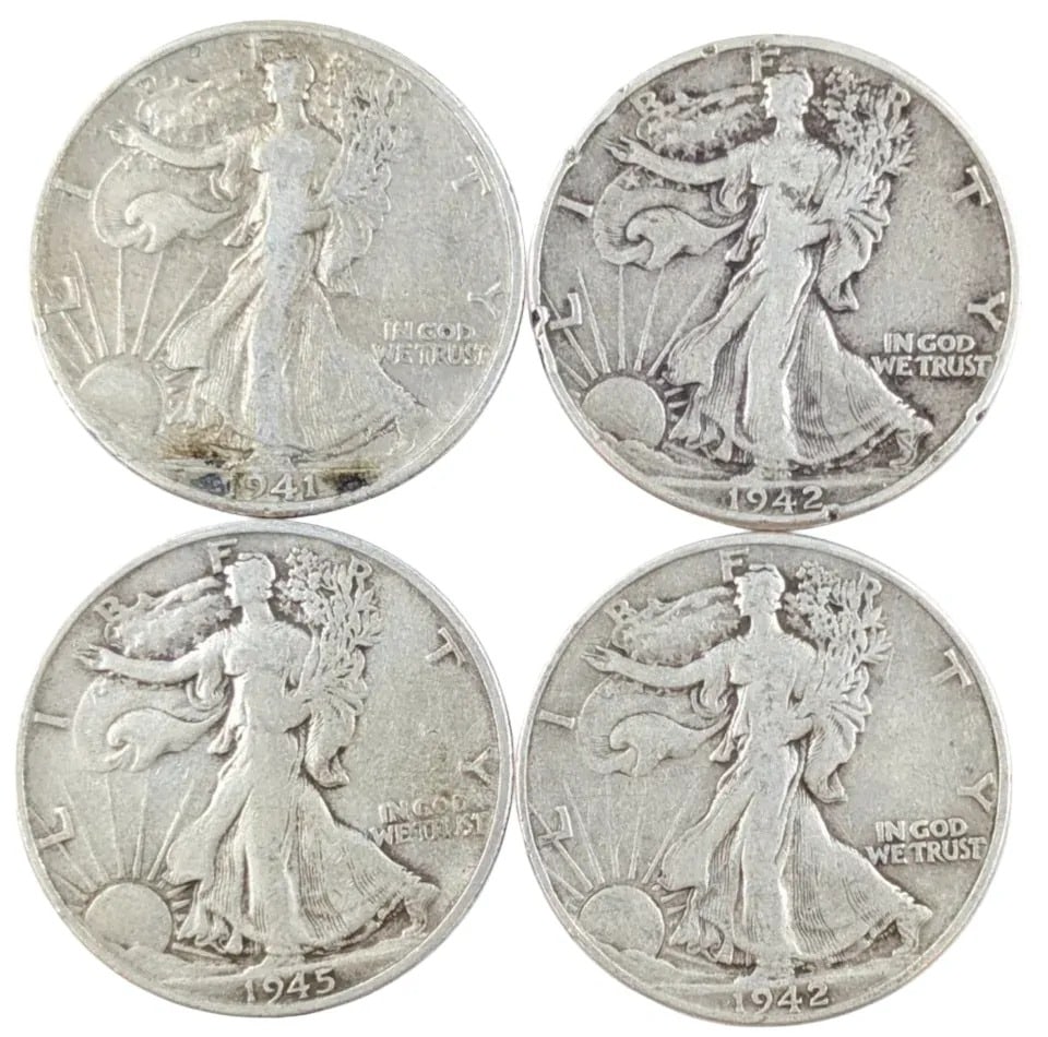 Lot of 4 Silver Walking Liberty Half Dollars- 1941-1945: _