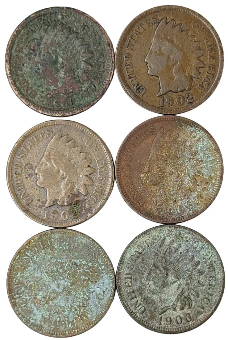 Lot of 6 Indian Cents- 1902-1908: Heavily Circulated