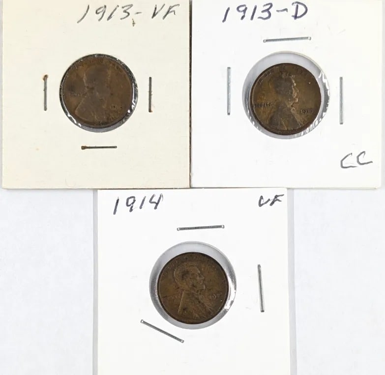 Lot of 3 Wheat Cents- 1913 P/D, 1914: _