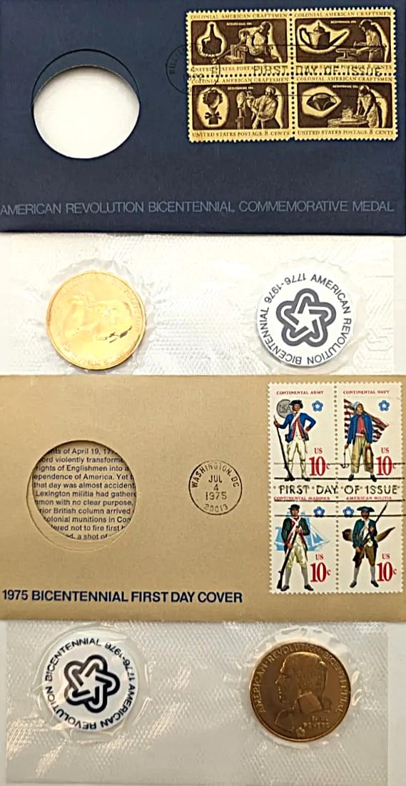 Lot of 2 American Revolution Bicentennial Commemorative Medals & Stamps- 1972, 1975: _
